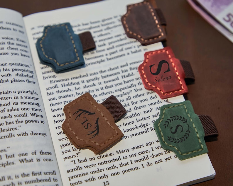 Custom Logo Leather Book Mark with Pen Holder, Engraved Magnetic Bookmark,Leather Magnetic Pen Loop for Notebook,Journal Accessory