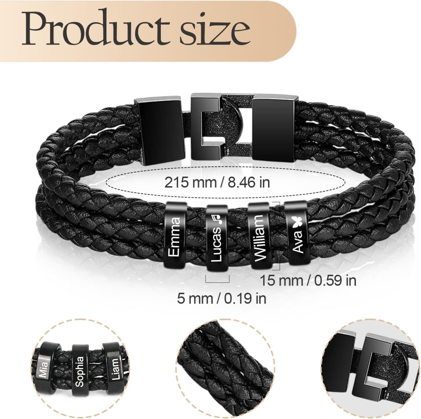 Personalized Mens Leather Bracelet with Custom Beads | Custom Father's Day Gifts for Dad from Daughter and Son | Customized Braid Leather Bracelet Engraved with 1-8 Names for Men