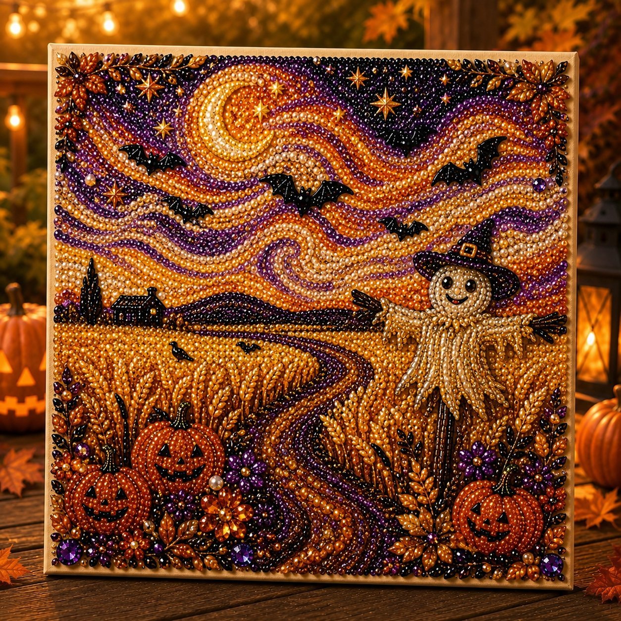 🎃👻 Premium 3D Pearl Halloween Wall Art Kit | Luxury Flocked Canvas with Scratch-Resistant Non-Fading Pearl Beads DIY Spooky Decor