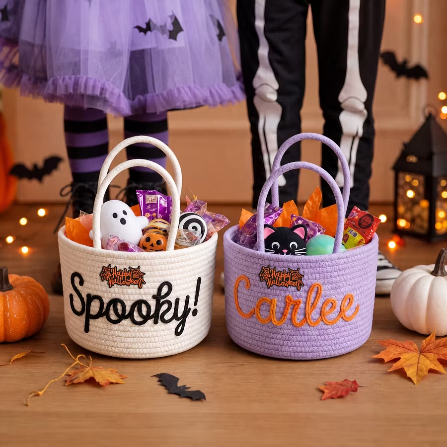 Custom Halloween Basket for Child Personalized Halloween Trick or Treat Bag with Cotton Rope Embroidery Name Customized Kids Woven Halloween Candy Bucket Gifts for Boys Girls