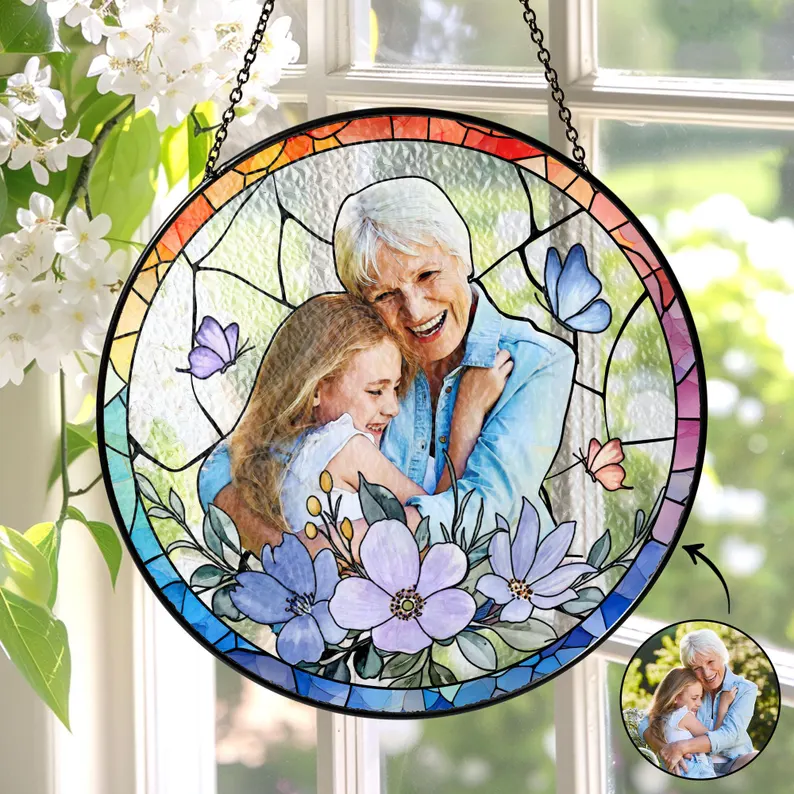 Personalized Grandma - Grandkids Portrait Stained Glass Suncatcher, Grandma Portrait From Photo Window Hanging,Mother's Day Gift For Grandma