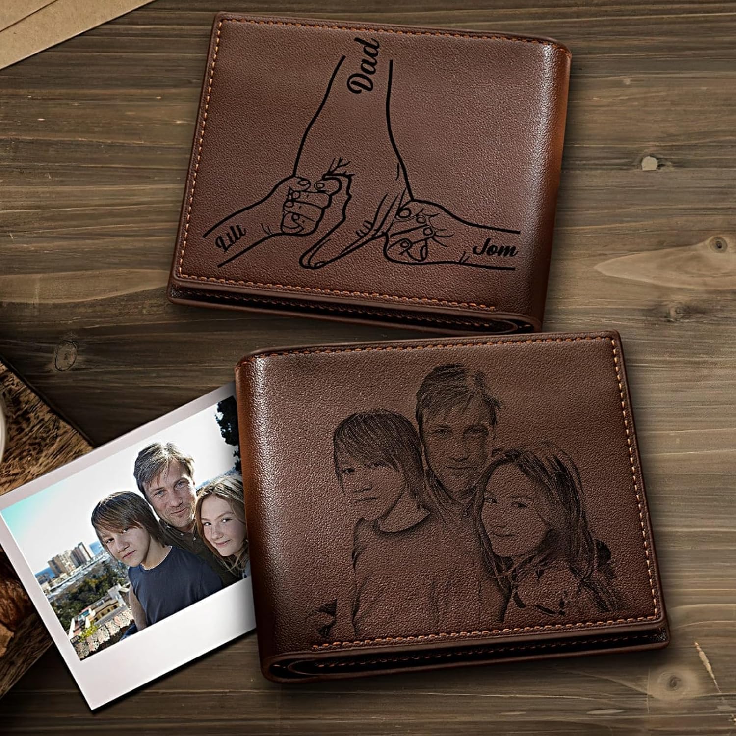 Custom Wallets for Men, Personalized Photo & Name Wallet for Men One Fist Bump Engraved Leather Wallet for Dad Husband Son BF Groomsmen Birthday Anniversary Christmas Father's Day Gifts