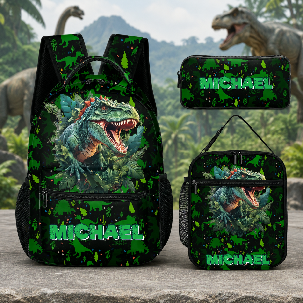 Dinosaur in Tropical Forest Custom Backpack - Personalized Name