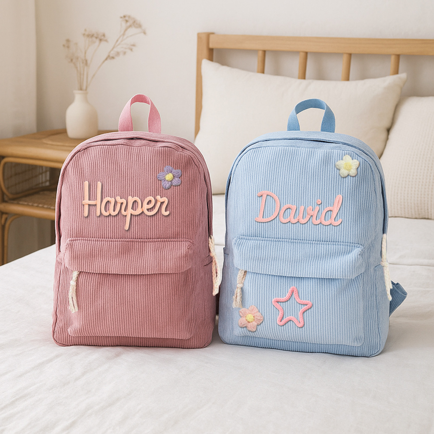 Personalized Backpack Braided Flower Rainbow Name Corduroy Backpack Birthday Gift Custom Toddler School Bag