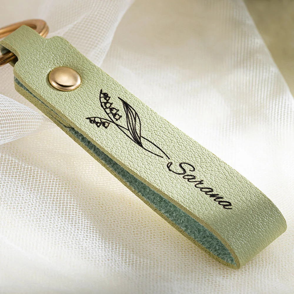 Personalized Birth Flower PU Leather Keychain with Engraved Name Wedding Party Birthday Gift for Her