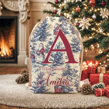 Personalized Vintage Toile De Jouy Santa Claus Initial Canvas Drawstring Gift Bag with Name Christmas Gift for Family Friends