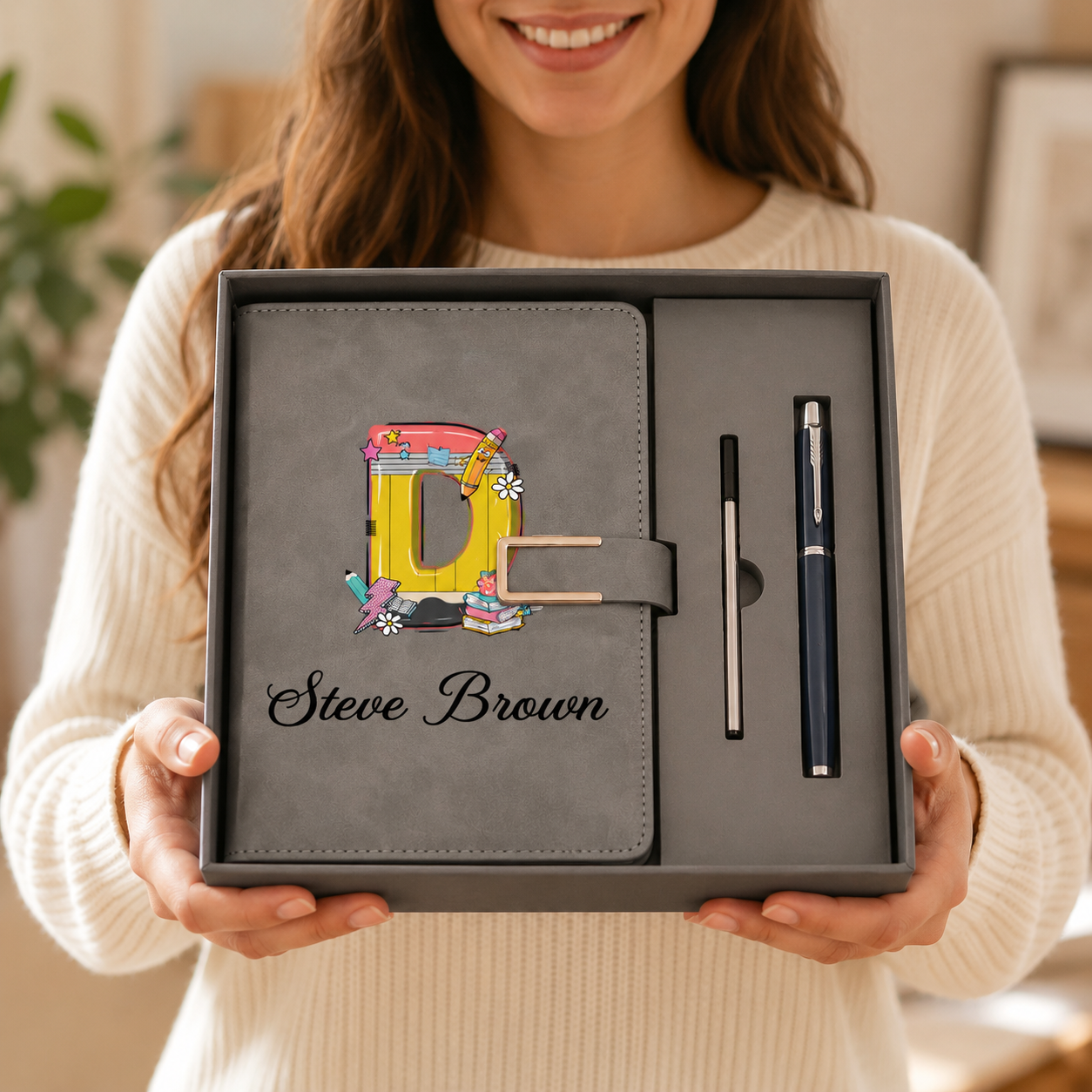 Personalized Yellow Pencil Initial PU Leather A5 Notebook and Pen Set with Name Back to School Teacher's Day Gift for Teacher