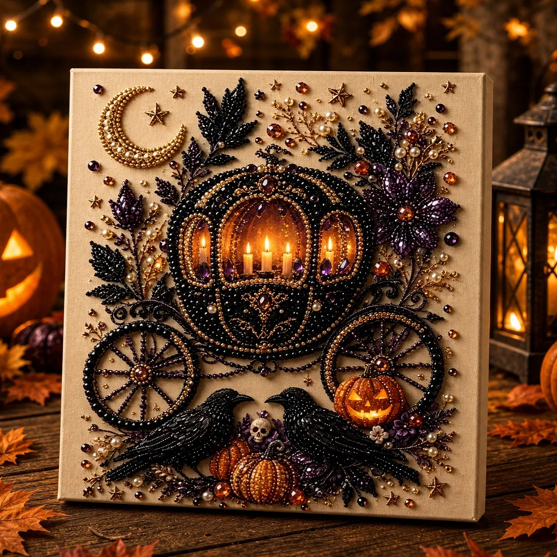Framed Pumpkin Carriage - Pearls Painting Kit DIY Halloween Diamond Painting Pearl Dot Crafts 