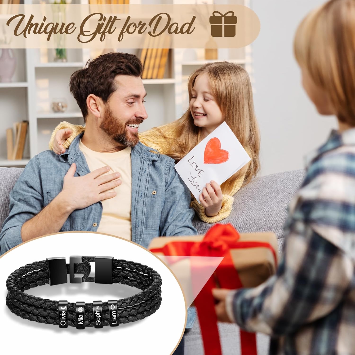 Personalized Mens Leather Bracelet with Custom Beads | Custom Father's Day Gifts for Dad from Daughter and Son | Customized Braid Leather Bracelet Engraved with 1-8 Names for Men