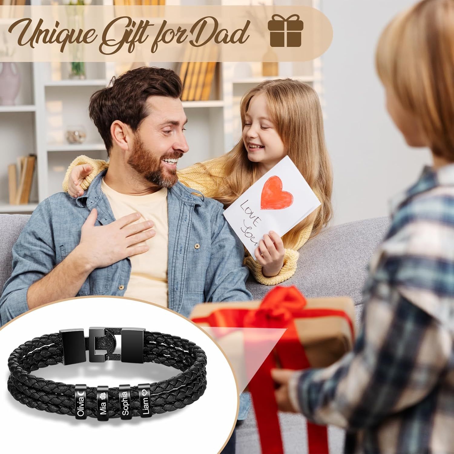 Personalized Mens Leather Bracelet with Custom Beads | Custom Father's Day Gifts for Dad from Daughter and Son | Customized Braid Leather Bracelet Engraved with 1-8 Names for Men