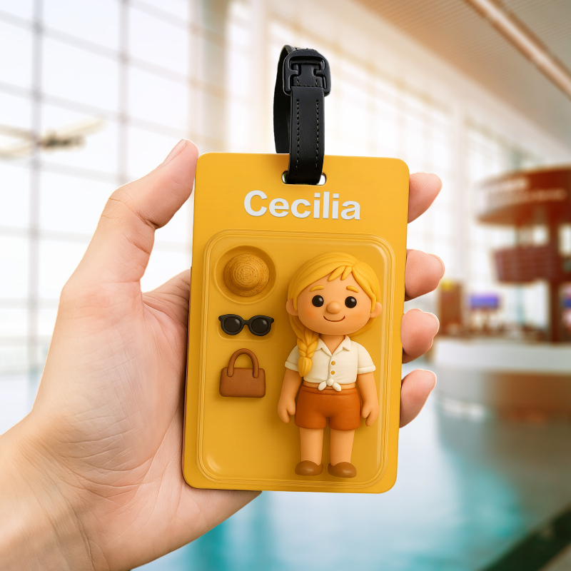 Custom 3D Effect Cartoon Fully Body Character Traveling Luggage Tag with Name and Photo 2D Printing Travel Accessory Birthday Gift for Travel Lover
