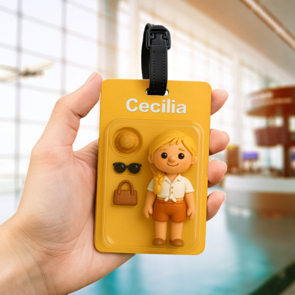 Custom 3D Effect Cartoon Fully Body Character Traveling Luggage Tag with Name and Photo 2D Printing Travel Accessory Birthday Gift for Travel Lover