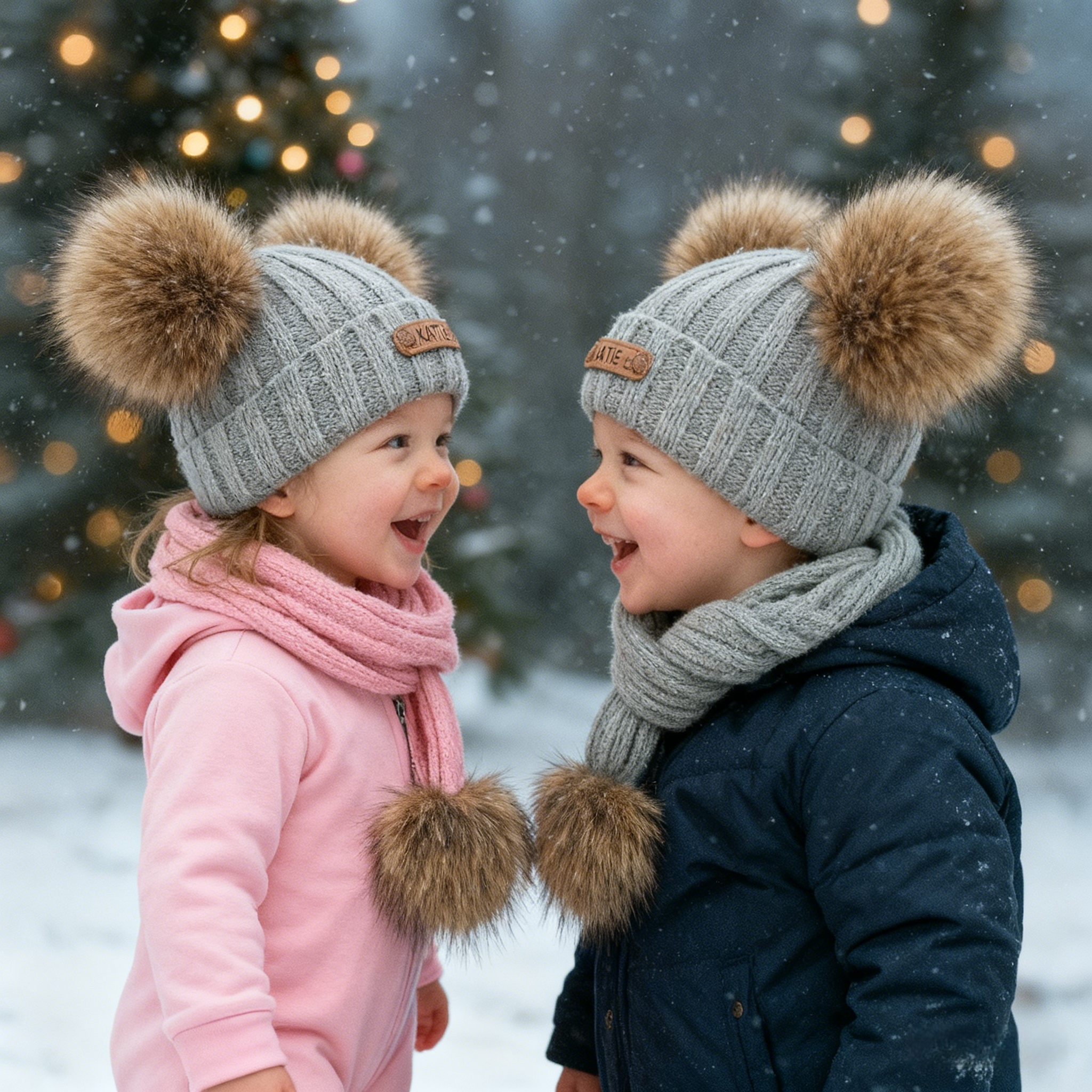 Custom Name Matching Beanies for Family, Personalized Parent Child Pom Pom Hats, Winter Baby Toddler Pom Hat Set