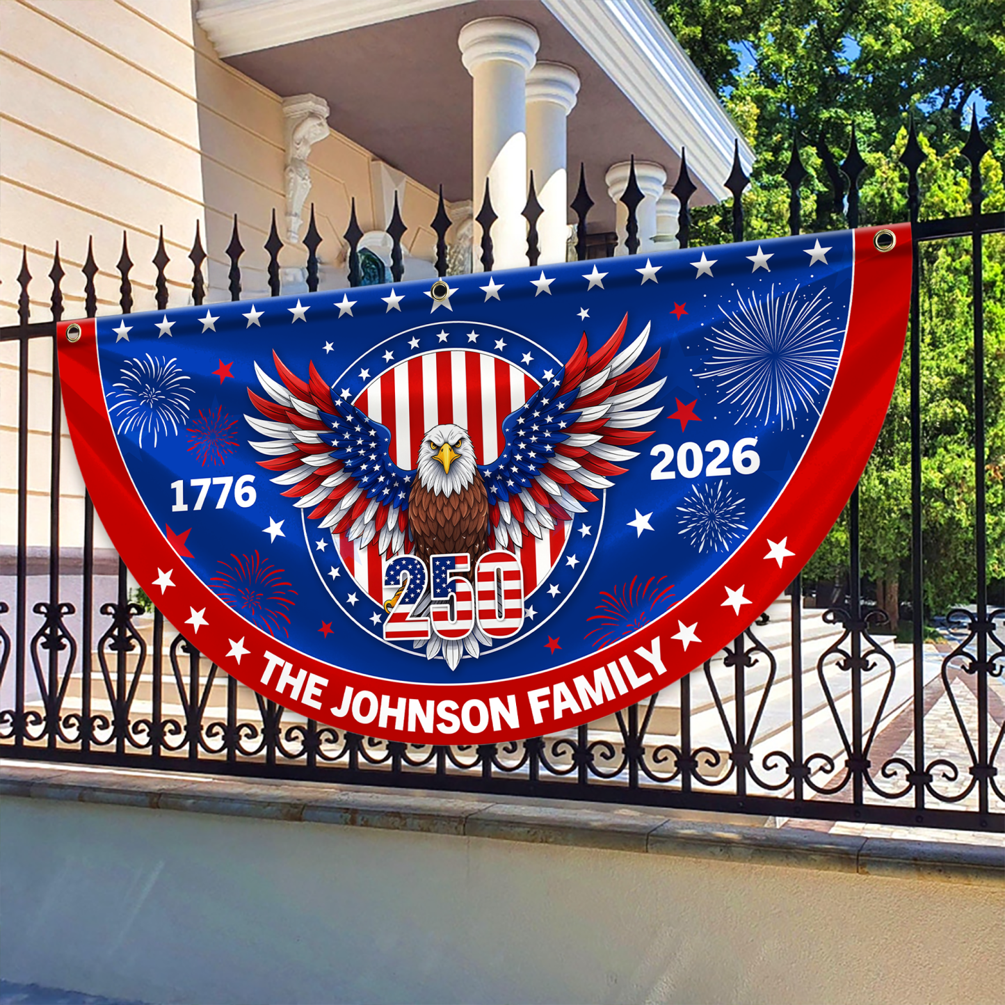 Personalized America 250th Anniversary Bunting Flag Personalized Family Name 1776-2026 250 Years Birthday America Non-Pleated Fan Flag
