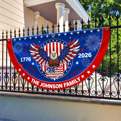 Personalized America 250th Anniversary Bunting Flag Personalized Family Name 1776-2026 250 Years Birthday America Non-Pleated Fan Flag