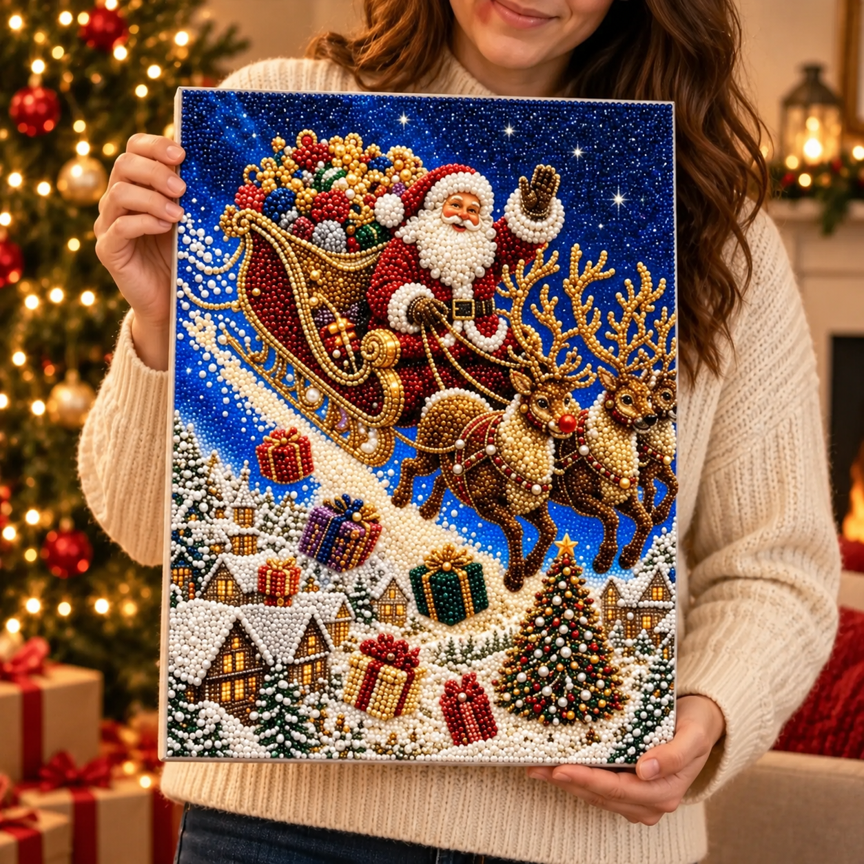 Christmas Pearl Diamond Painting Kit for Adults, 3D Pearl Bead Art DIY Craft with Santa, Reindeer, Angel & Christmas Tree Designs, Handmade Holiday Decor Gift