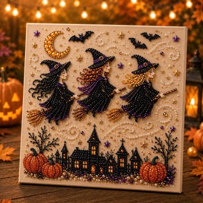 🎃👻 Premium 3D Pearl Halloween Wall Art Kit | Luxury Flocked Canvas with Scratch-Resistant Non-Fading Pearl Beads DIY Spooky Decor