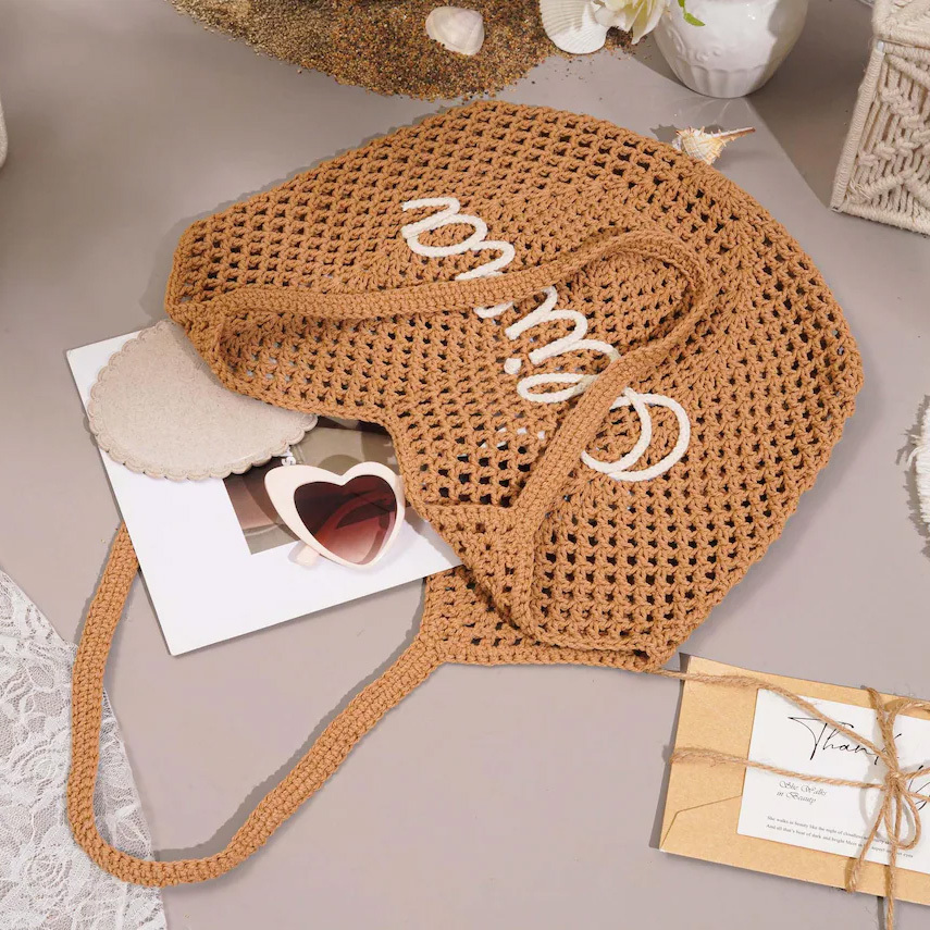 Custom Beach Bags, Personalized Crocheted Bride Tote Beach bags, Beach Vacation Wedding Favours, Mothers Day Gifts, Bridesmaid Gifts
