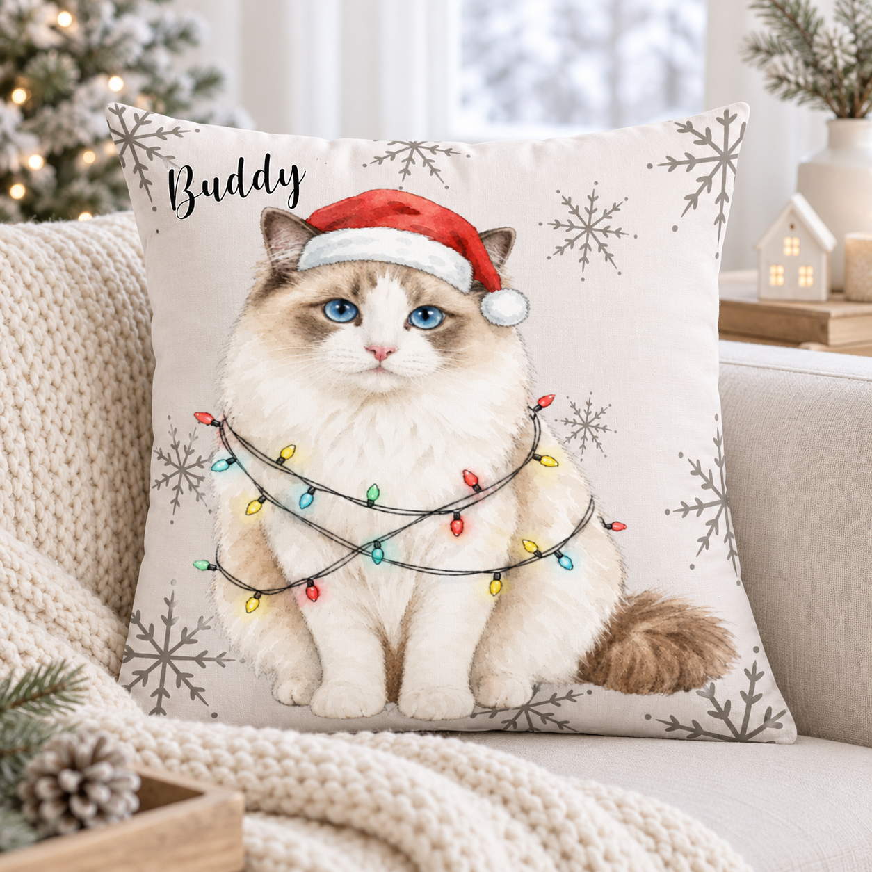 Custom Pet Photo Watercolor Art Christmas Winter Decor Gift - Personalized Pillow