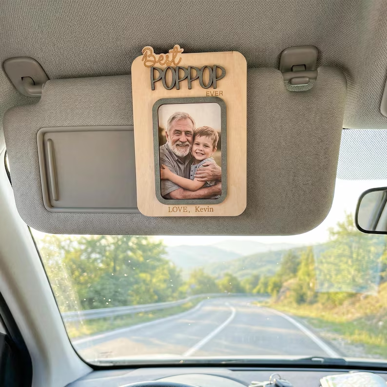 Personalized Dad Gift, Custom Photo Car Visor Clip and Photo Magnet, Wooden Keepsake Frame