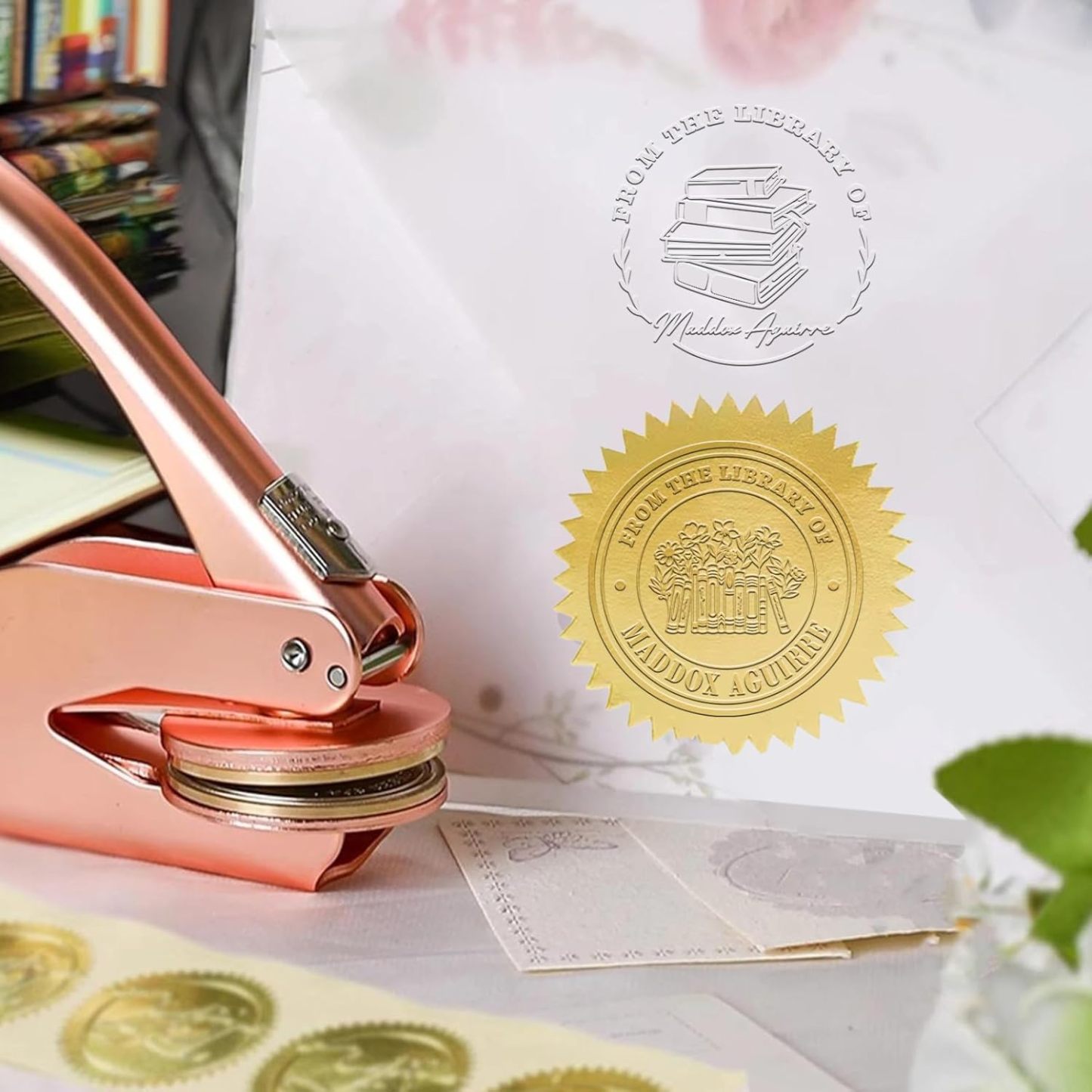 Custom Book Embosser, Personalized Embosser Stamp, Personal Library Embosser Create Unique Name Logo Design, Floral Book Stamp Seal for Wedding Business Envelope, Teacher Book Lover Gift