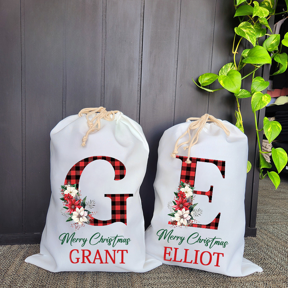 Personalized Christmas Santa Sack, Custom Plaid Initial & Name Gift Bag, Cotton Holiday Present Sack for Kids & Adults