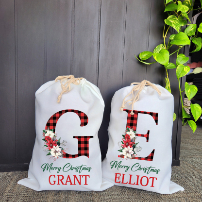Personalized Christmas Santa Sack, Custom Plaid Initial & Name Gift Bag, Cotton Holiday Present Sack for Kids & Adults