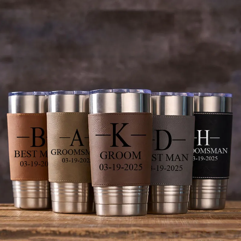 Personalized Wedding Party Tumbler Men’s 20oz Leather Tumbler Custom Groomsmen Gift Tumbler Groom Gift Best Man Bachelor Party Coffee Mugs