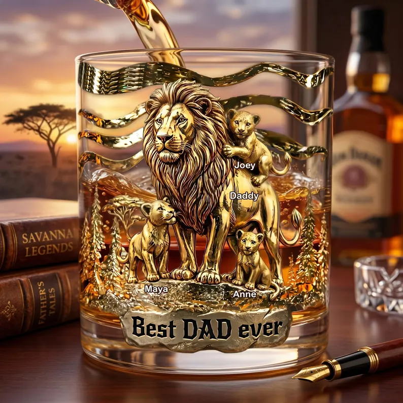 Personalized Lion Dad Whiskey Glass 2d Flat, Custom Family Name Bourbon Tumbler, Best Dad Ever Gift, Father’s Day Scotch Glass for Dad