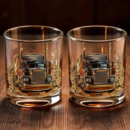 Personalized Trucker Whiskey Glass 2d Flat, Custom Semi Truck Bourbon Glass, Truck Driver Gift for Men, Long Haul Driver Rocks Glass
