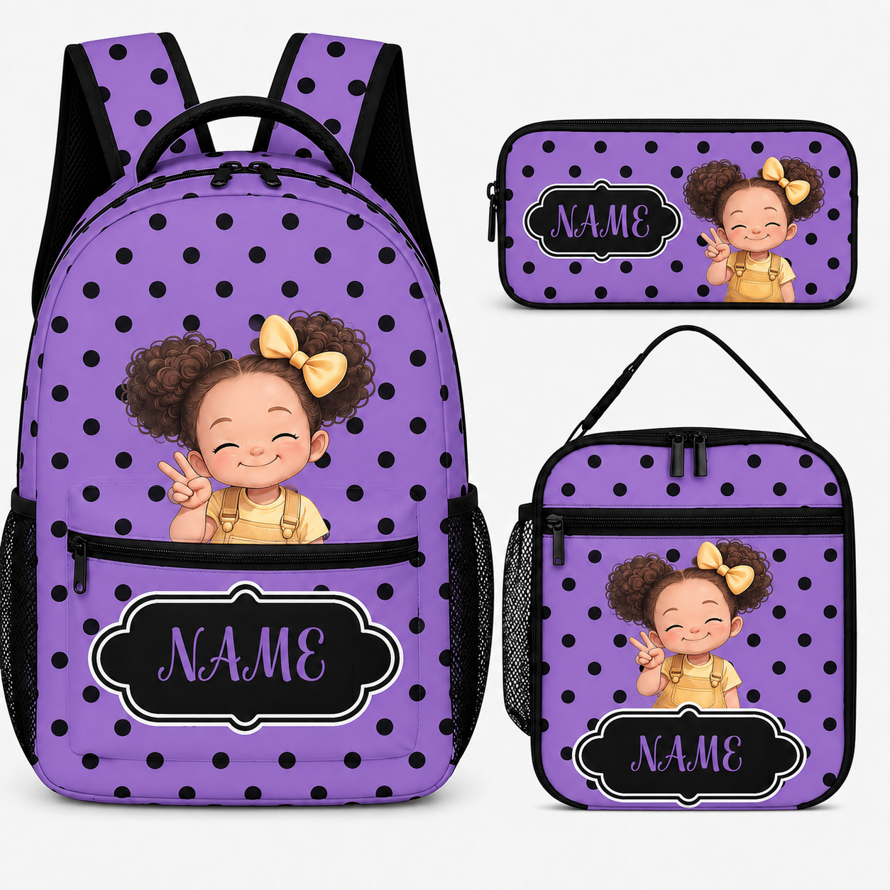 Personalized Cute Cartoon Black Girl Backpack Lunch Bag Pencil Case Set with Name Back-To-School Birthday Gift for Girls
