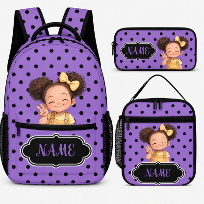 Personalized Cute Cartoon Black Girl Backpack Lunch Bag Pencil Case Set with Name Back-To-School Birthday Gift for Girls