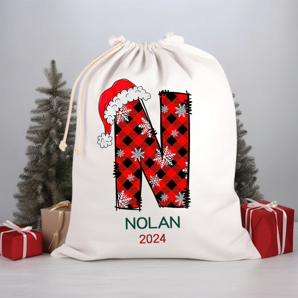 Personalized Christmas Santa Sack, Custom Name & Initial Gift Bag, Reusable Cotton Present Sack for Kids & Adults