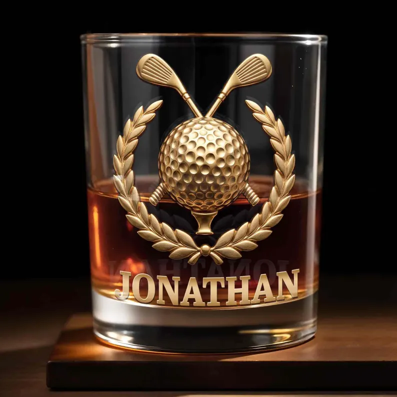 Custom Golf Whiskey Glass 2D Flat, Personalized Golfer Tumbler, Golf Dad Gift, Bourbon Glass for Golf Lovers, Father's Day Gift