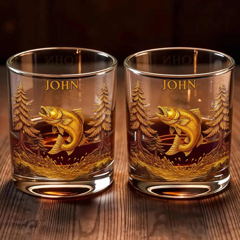 Custom Bass Fishing Whiskey Glass 2D Flat, Personalized Angler Bourbon Tumbler, Fisherman Gift for Men Dad Grandpa with Name