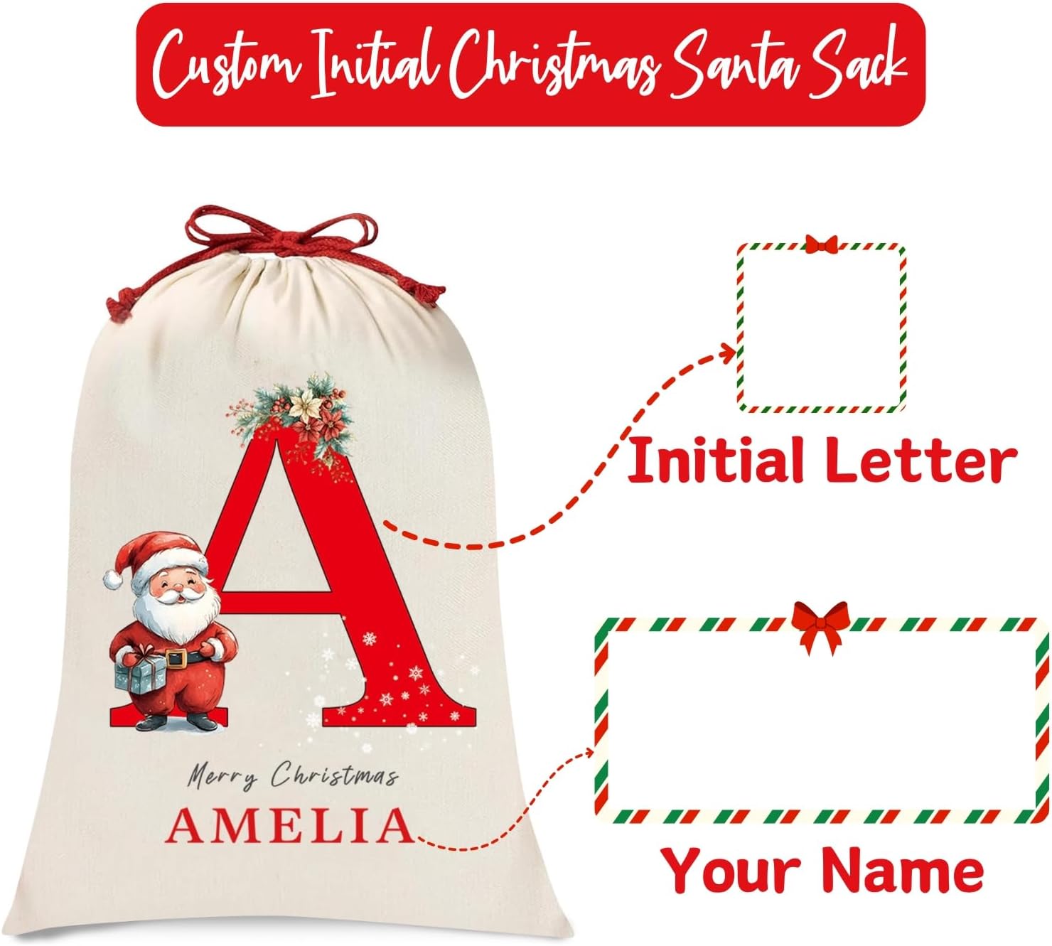 Personalized Christmas Santa Sack, Custom Xmas Canvas Drawstring Bags with Initial & Name for Kids, Christmas Gift Doll Bags for Holiday Presents Christmas Eve Box Large Sack Bag