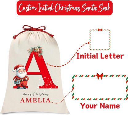Personalized Christmas Santa Sack, Custom Xmas Canvas Drawstring Bags with Initial & Name for Kids, Christmas Gift Doll Bags for Holiday Presents Christmas Eve Box Large Sack Bag