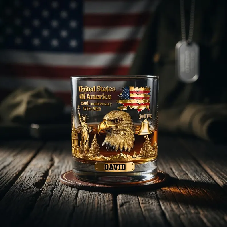 250th USA Anniversary Whiskey Glass, Patriotic Cup Gift For Him, Custom Name, 4th of July Whiskey Mug, Gift For Men