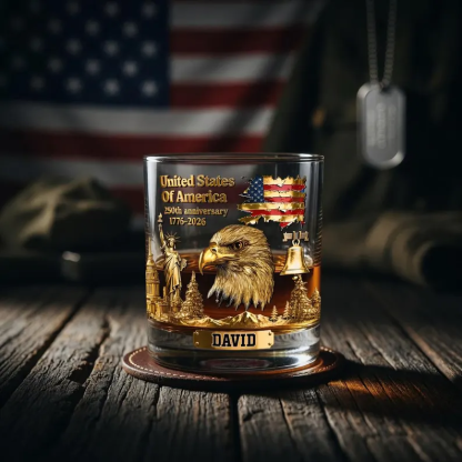 250th USA Anniversary Whiskey Glass, Patriotic Cup Gift For Him, Custom Name, 4th of July Whiskey Mug, Gift For Men