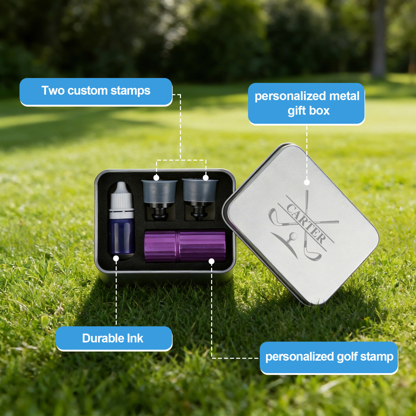 Custom Golf Ball Stamp - Double Sided Personalized 2-in-1 Marker with Name & Icon, Dual Head Reusable Ink Stamper, Water-Proof & Smudge-Free, Ideal Golf Gifts for Men, Dad, Husbands, Golfing Gear