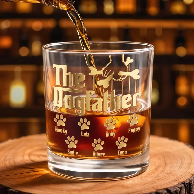 Personalized Dogfather Whiskey Glass, Custom Dog Dad Bourbon Glass, Pet Parent Gift, Dog Lover Whiskey Tumbler with Dog Names