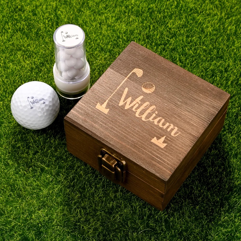Personalized Name Initial Monogram Golf Ball Stamp and Wooden Storage Box Golf Course Accessory Birthday Sports Gift for Golf Players Lovers