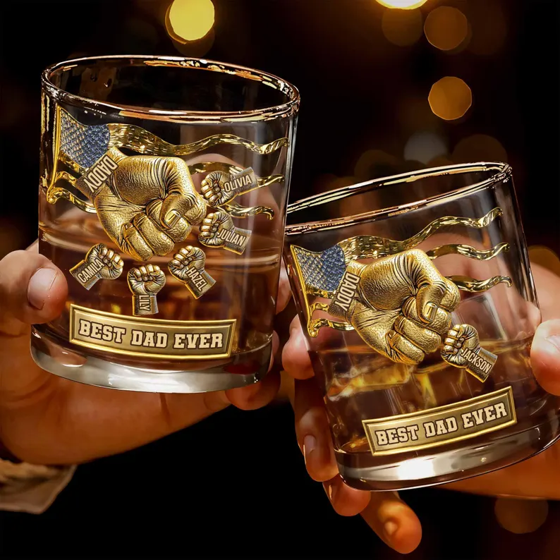 Personalized Best Dad Ever Whiskey Glass 2D Flat, Custom Dad and Kids Fist Bump Bourbon Tumbler, Father's Day Gift from Children