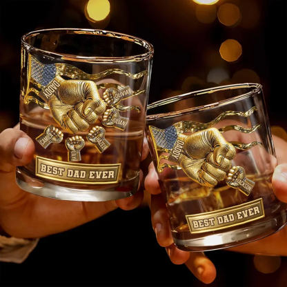 Personalized Best Dad Ever Whiskey Glass 2D Flat, Custom Dad and Kids Fist Bump Bourbon Tumbler, Father's Day Gift from Children
