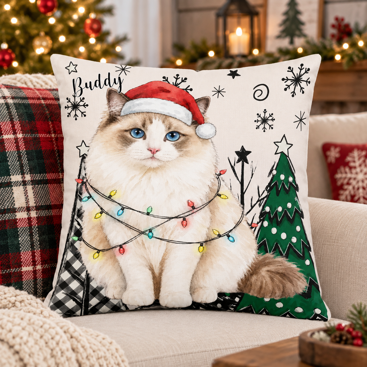 Custom Pet Photo Watercolor Art Christmas Winter Decor Gift - Personalized Pillow
