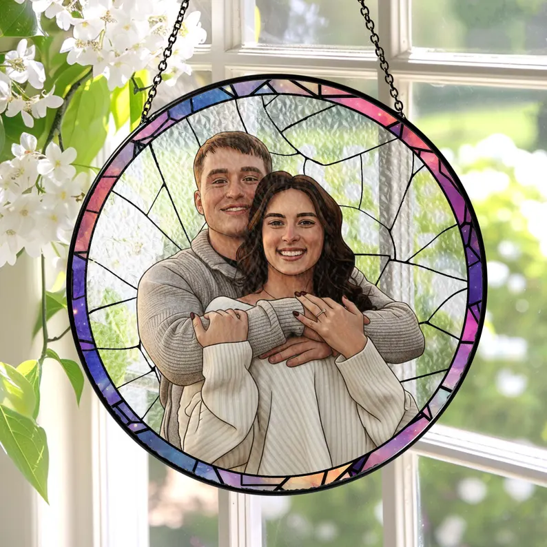 Custom Couple Photo Stained Glass, Wedding Anniversary Suncatcher, Family Potrait Window Decor Gift For Husband Wife, Grandparents Gift