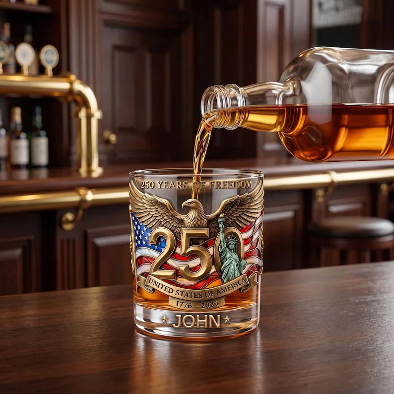 United States 250th Anniversary, Personalized Whiskey Glass, Gift For Men, Custom Name, Patriotic Cup Gift For Him,