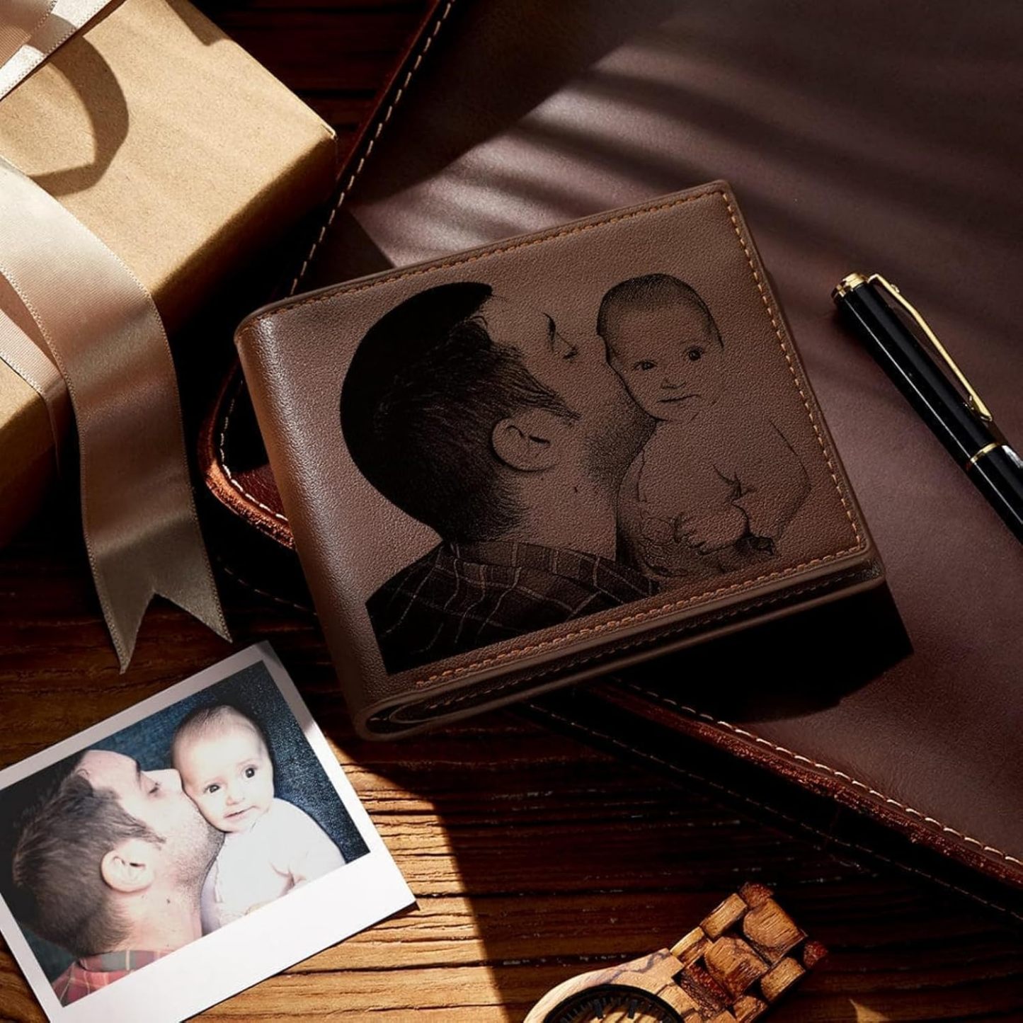 Custom Wallets for Men, Personalized Photo & Name Wallet for Men One Fist Bump Engraved Leather Wallet for Dad Husband Son BF Groomsmen Birthday Anniversary Christmas Father's Day Gifts