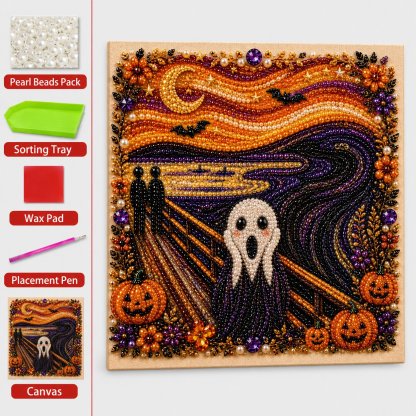 🎃👻 Premium 3D Pearl Halloween Wall Art Kit | Luxury Flocked Canvas with Scratch-Resistant Non-Fading Pearl Beads DIY Spooky Decor