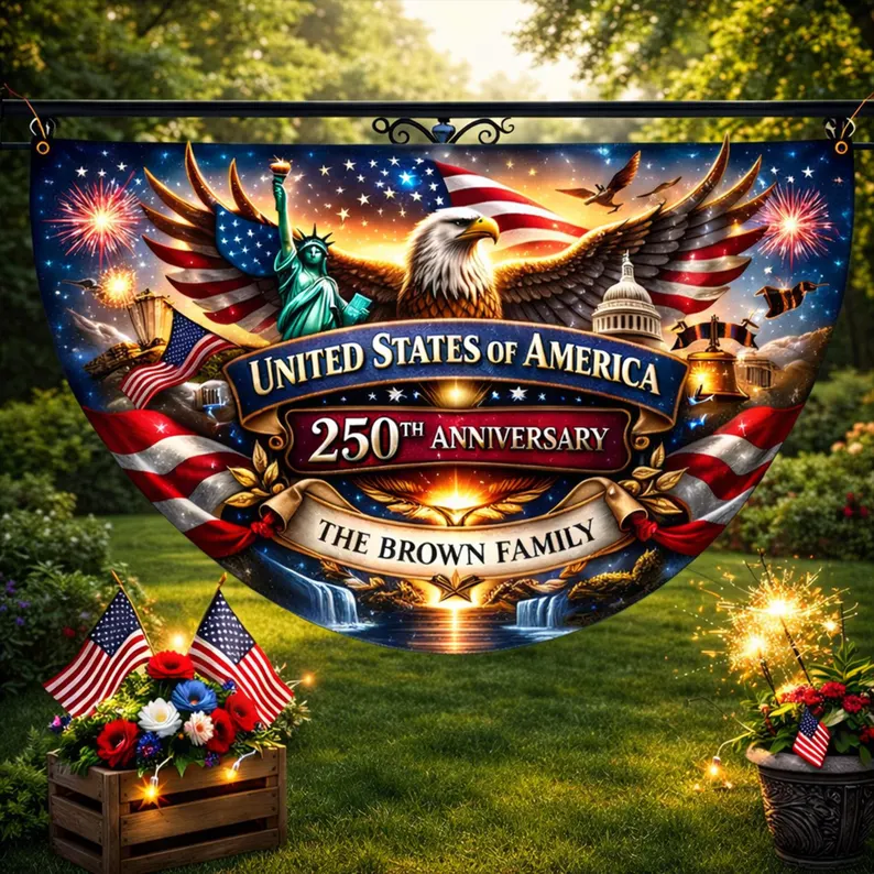 Personalized 250th Anniversary Semicircle Fence Flag Custom Family Name Patriotic Banner USA 1776 2026 Outdoor Independence Day Decor